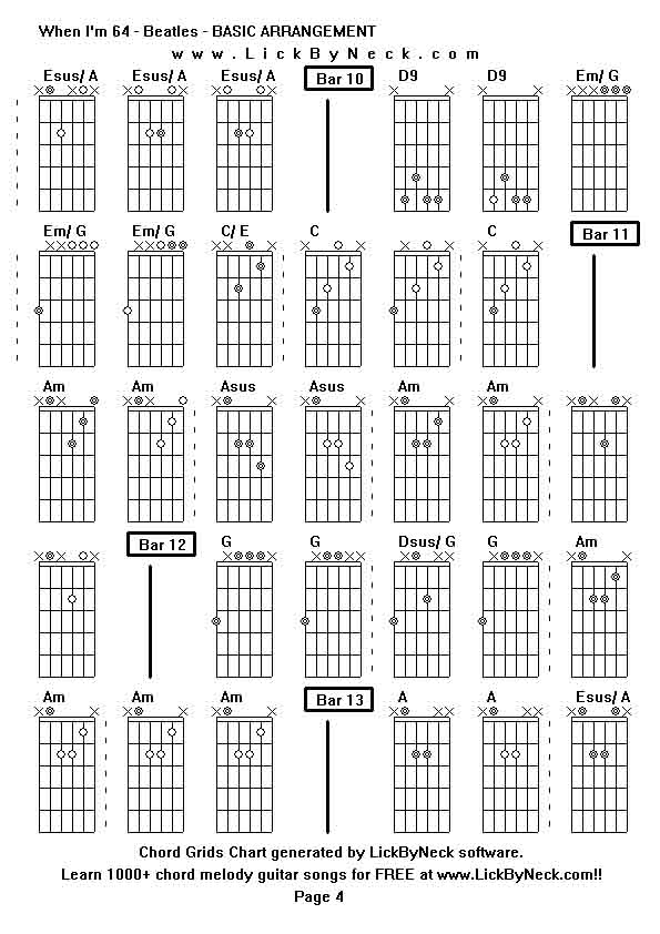 Chord Grids Chart of chord melody fingerstyle guitar song-When I'm 64 - Beatles - BASIC ARRANGEMENT,generated by LickByNeck software.